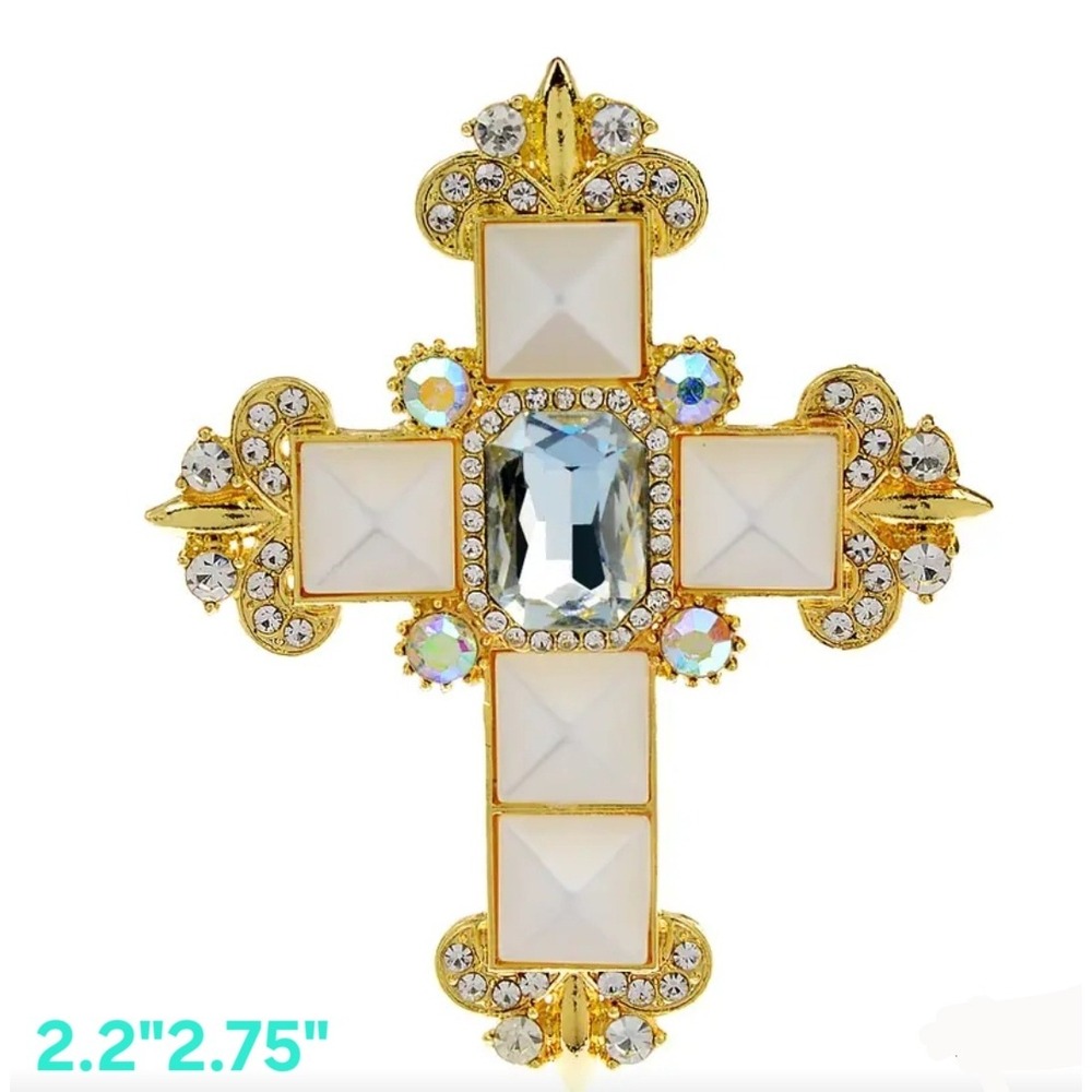 Gold Cross Brooch Pin White Rhinestone Religious Lapel Pin Womens‎ Jewelry